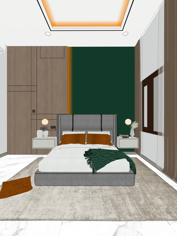 Scene SketchUp kamar tidur menghadap ranjang
