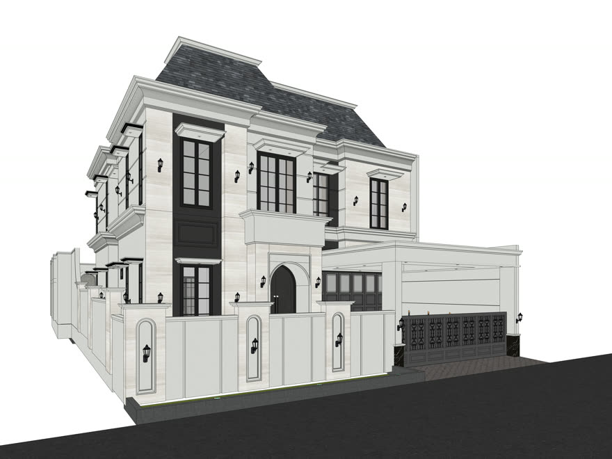 Scene SketchUp perspektif samping rumah dua lantai