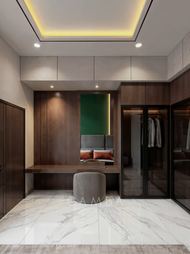 Render kamar yang sama menghadap meja rias: dinding hijau dan panel kayu yang sama