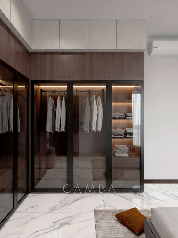 Render kamar yang sama menghadap lemari kaca: kayu dan marmer yang sama