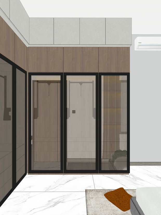 Scene SketchUp kamar menghadap lemari kaca