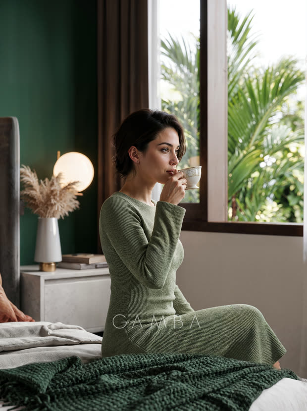 Suasana pagi di kamar, seseorang duduk di tepi ranjang sambil memegang cangkir