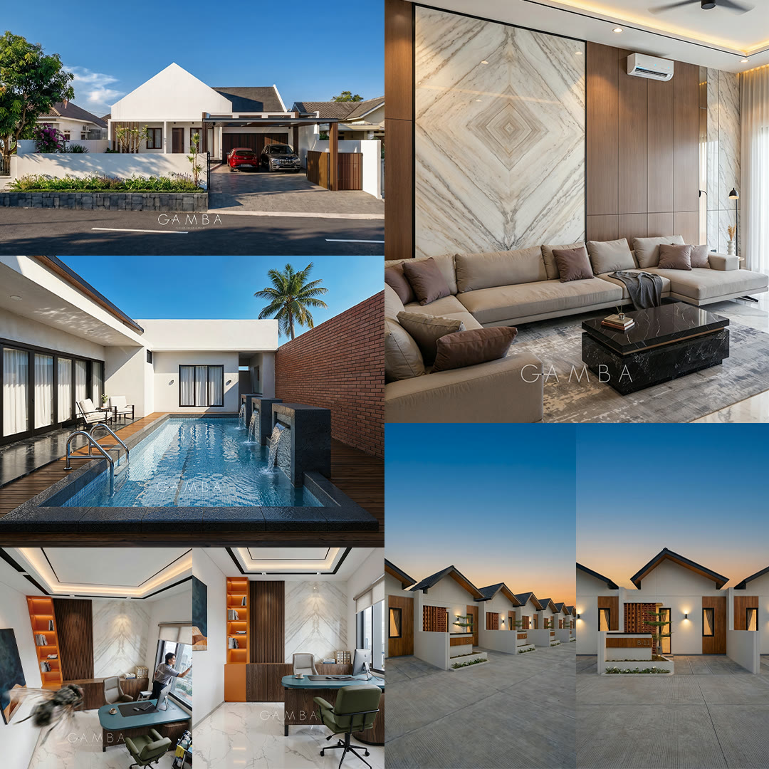 Delapan render Gamba Studio: eksterior rumah, ruang keluarga, kolam renang, ruang kerja, dan deretan rumah tinggal